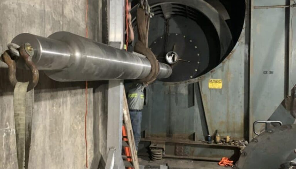Paul's Fan Company's custom aluminum gantry crane holds a 4,000 replacement fan shaft ready to lift into place.